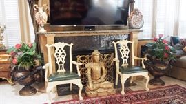 Pr. Painted Chippendale Style Chairs, Seated Large Buddha