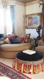 Grand Ottoman and 2 overstuffed Luxurious Sofas covered w/ beautiful pillows