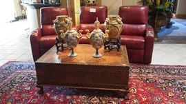 Large Carved Chest Coffee Table, set of 3 linking Theater Chairs (electronic)