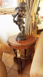 Gorgeous Side Table w/ Figural Gilt Decor & Sweet Bronze Cherub Figurine