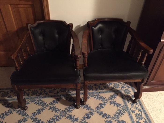 Set of Wood and Leather Chairs.