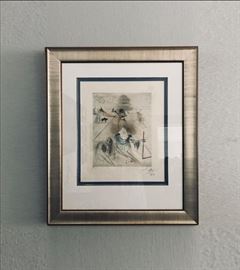 "La Vieil Hippie" by Salvador Dali. Signed and certified. Framed. (Size framed; 36.5" H x 31" W x 1.5" D). Estate sale price: $6,500
Artist: Salvador Dali
Title: La Vieil Hippie (The Old Hippie) (1969)
Limited edition:  170 of 269
Paper: Japon
Hand-signed: Yes
Framed: Yes
Condition: Excellent
Includes The Salvador Dali Archives signed by Albert Field, Archivist on August 27, in 1996.
Salvador Dalí is among the most versatile and prolific artists of the 20th century and the most famous Surrealist. Chiefly remembered for his painterly output, in the course of his long career he successfully turned to sculpture, printmaking, fashion, advertising, writing, and, perhaps most famously, film making in his collaborations with Luis Buñuel and Alfred Hitchcock. Renowned for his flamboyant personality & role of mischievous provocateur as much as for his undeniable technical virtuosity. His early work bears the stamp of fellow Spaniards Pablo Picasso and Joan Miró.