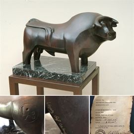 "Toro" (Bull) by Rafael Lopez Del Campo. Limited edition: 5 of 8. Signed and certified. Estate sale price: $9,950
Size: 14’X 23”X 10” 
Year: 2003
Title: Toro / Bull
Weight: 60 lbs.
This gentleman has sculptures in the Art Museum of Puerto Rico. Includes Certificate of Authenticity signed by the artist.
Sculptor and graphic artist. López del Campo received his education in sculpture and print making under Francisco Vázquez Díaz and Lorenzo Homar, respectively, in the studios of the Institute of Puerto Rican Culture. Later a fellowship to study at the Fine Arts Academy in Rome (1962–65). Returning to Puerto Rico, he taught in the Puerto Rico School of Plastic Arts until 1993, while producing work of his own. but during his years in Italy he came in direct contact with modern movements in sculpture, and began to work in those modes.