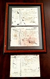 Puerto Rico Slave Registry documents. [Top] Framed: 2 registries for a mother and child, dated December 1871. Estate sale price: $350. The individual registry at the bottom is for a 4-month old baby, dated 1869. Estate sale price: $150
