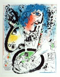"Self Portrait Frontespiece" by Marc Chagall. Framed. Estate sale price: $1,495
Image area: 12.5" H x 9.5" W (31.8 cm H x 24.1 cm W) 
Year: 1960 Original lithograph in colors on white wove paper. Titled, the lithograph shows a profile of the artist in blue and red, along with other images from Chagall’s dream world genre.