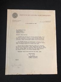 1960 letter from the Instituto de Cultura Director, Ricardo Alegria to Teodoro Moscoso, Fomento Economico Administrator. $200