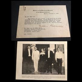 Letter from Theodore Roosevelt, governor of the Phillippines and former governor of Puerto Rico to Muna Lee, wife of former Puerto Rico Governor Luis Munoz Marin.  Curious fact, in this letter Theodore Roosevelt is sending his regards to Mrs. Gabriela Mistral.  $800 including photo