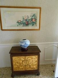 Solid Asian wood cabinet. Watercolor, vase