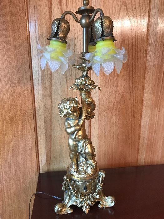 Very tall gold gilt cherub lamps with glass shades