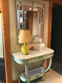 Hand painted, marble top Accent Table with planter underneath. Lights underneath showcase the plants. Handcrafted Venetian Mirror purchased in Italy 60 years ago.