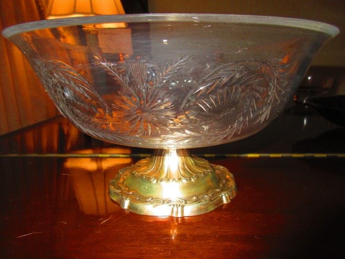 Large etched bowl with sterling silver base
