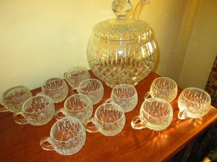 Cut crystal punchbowl and glasses