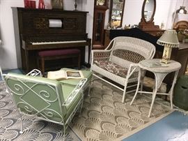 FARRAND Player Piano. Vintage wicker settee and table