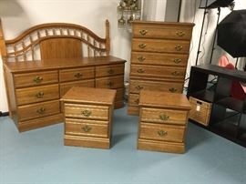 Carolina oak dresser, chest and nightstands. Bassett headboard with rails.