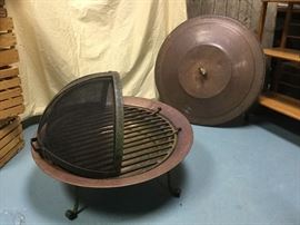 Vintage copper fire pit with domed screen and pit cover. Small bird figurine is the cover handle.