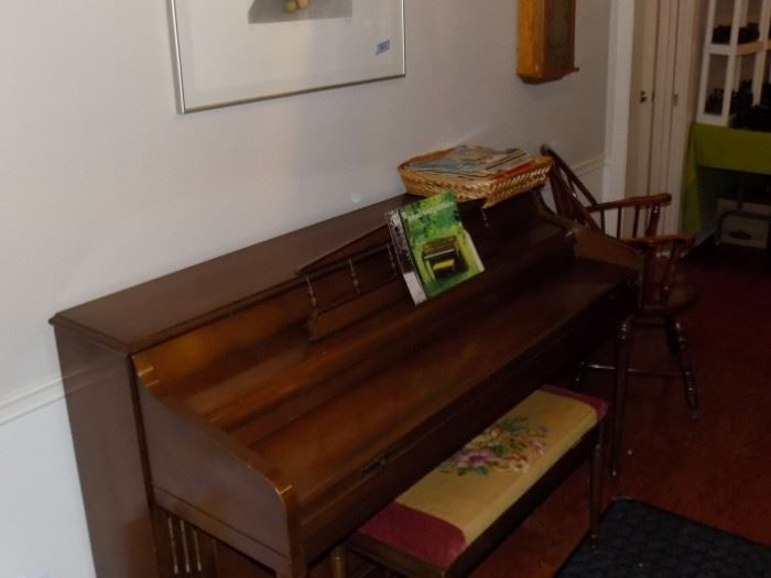 Kimball Spinet Piano with needlepoint bench