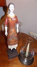 repro wooden doll and candle stick