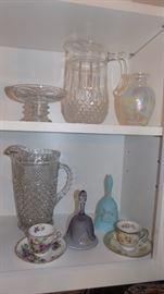 vintage glass pitchers....Fenton bell,  tea cups