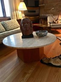 SCULPTURE HEAD W/MARBLE TOPPED TEAK COFFEE TABLE