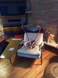 "L" SHAPED TILE-TOPPED COCKTAIL TABLE & MILO BAUGHMAN CHAIR, ANTLERS