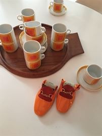 ORANGE & WHITE CUPS & SAUCERS. ORANGE & RED FOLD SHOES (NEW OLD STOCK) DANSK CUTTING BOARD