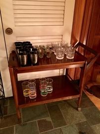 WALNUT VINTAGE MID CENTURY MODERN BAR CART/VINTAGE GLASSES