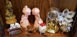 Pottery Birds Music Box Figurine, RA Ceramic Kissing Figures, Verichron Quartz Clock, JB 1958 Vase