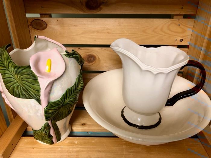 Pitcher, bowl and vintage floral vase