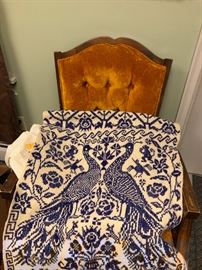 Vintage hand woven Mexican blanket with peacocks!  CHAIR IS SOLD
