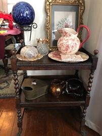Beautiful Barley Twist Serving Cart. Beaded edges.  Rose and white stamped pitcher and plate. Crystal vase with gold trim, Crystal cheese/butter dish with gold trim.  Cobalt Glass Ball, Copper Scuttle, Red glass basket