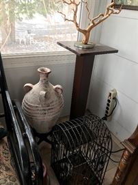 another great walnut plant stand, pots and bird cage