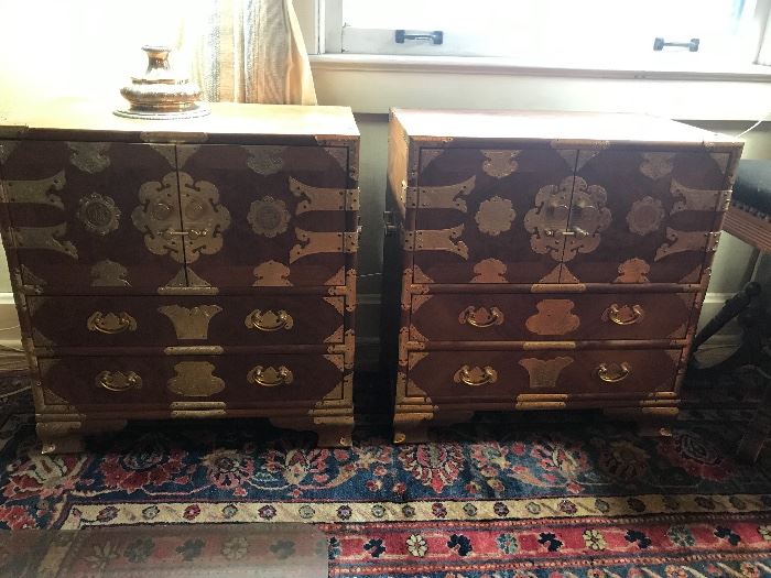 2 wonderful burl chest with Asian brass motif including pins.  Wonderful wool rugs