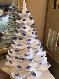 White Ceramic Christmas Tree with Blue Birds
