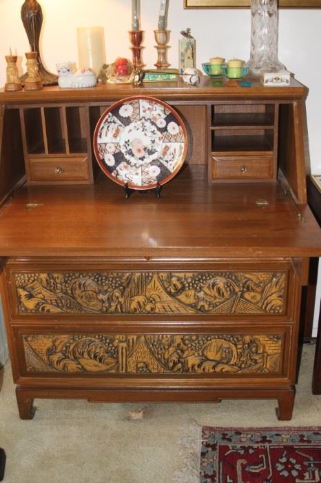Hand carved drop down Asian desk.