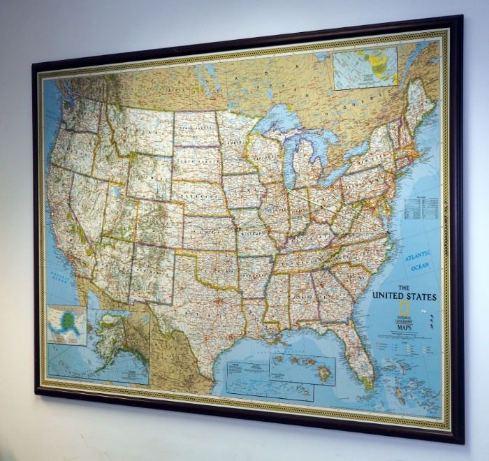 National Geographic, "The United States" Mounted Map Copy Write 2000, Framed With Peg Board Back, 49" x 71"