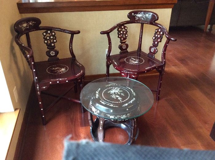 Rosewood with mop inlay table and 2 chairs