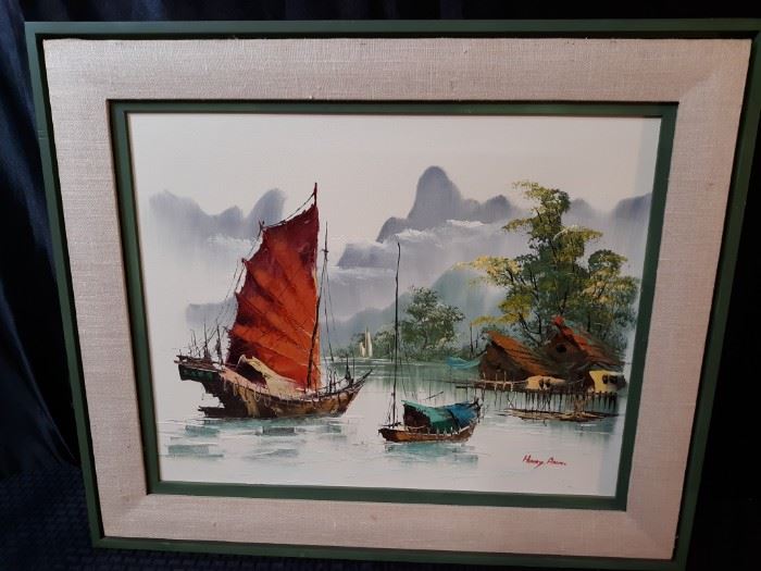 Vintage Wood Framed Asian Oil Painting by Henry Arnin