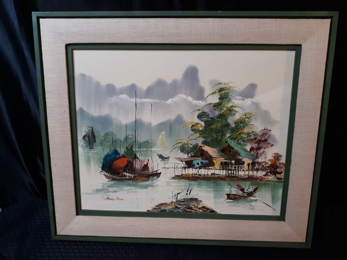 Wood Framed Asian Fishermans Village Oil Painting by Henry Arin