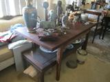 Large Southern farm / kitchen table, Chinese style coffee table underneath.