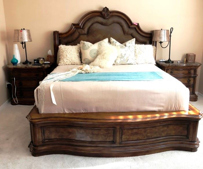 Polaski Furniture King Bedroom Set with marble topped dresser and end tables, Exquisite burlwood!