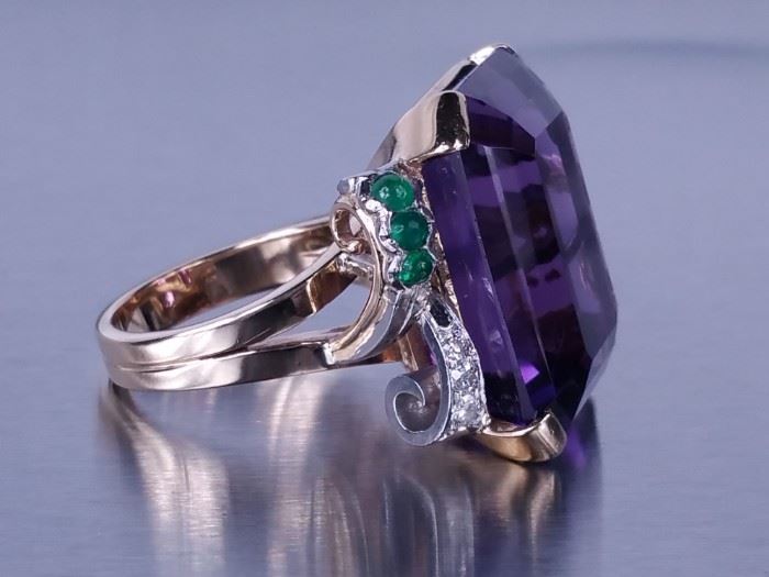 ~25 CT Deep Purple Amethyst, Emerald, Diamond Estate Ring; 14k

