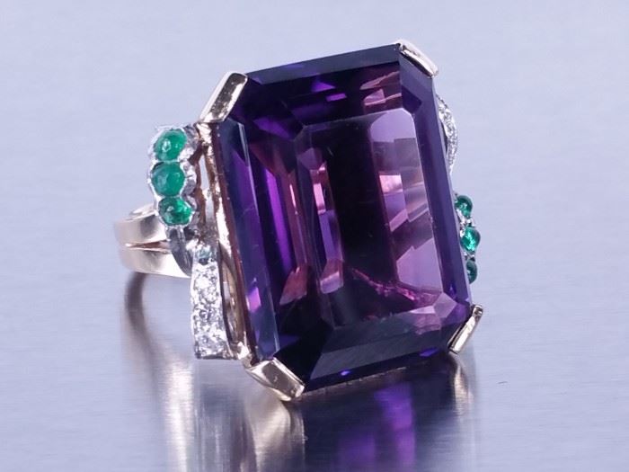 ~25 CT Deep Purple Amethyst, Emerald, Diamond Estate Ring; 14k
