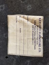 label address to Jere Whitson Hdwe., Cookeville, TN from the bottom of rocking chair