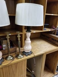 Pair of brass candlesticks and pair of vintage table lamps