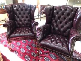 Pair top quality leather tufted wing chairs
