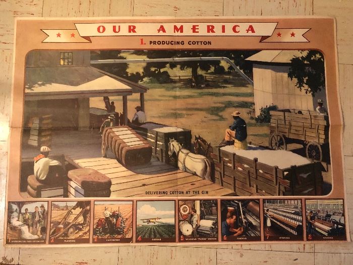 OUR AMERICA 1943 DECO COCA COLA EDUCATIONAL SERIES - COTTON  POSTER 