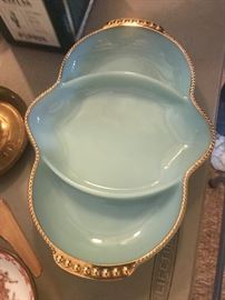 FIREKING DELPHITE DIVIDED SERVING DISH AQUA BLUE MILK GLASS 22K BEADED GOLD EDGE