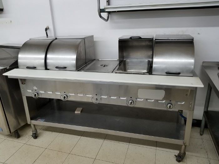 Duke stainless steel 5 hole electric steam table with stainless steel under shelf on wheels $995