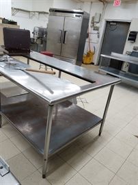 Custom 84" x 48" stainless steel table with 12" x 62" center cutout for inserts or pans with galvanized under shelf & stainless steel legs $195