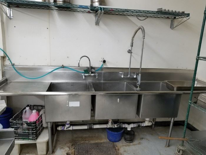 120" Stainless steel 3 compartment sink with right & left drainboards, prerinse & faucet $650